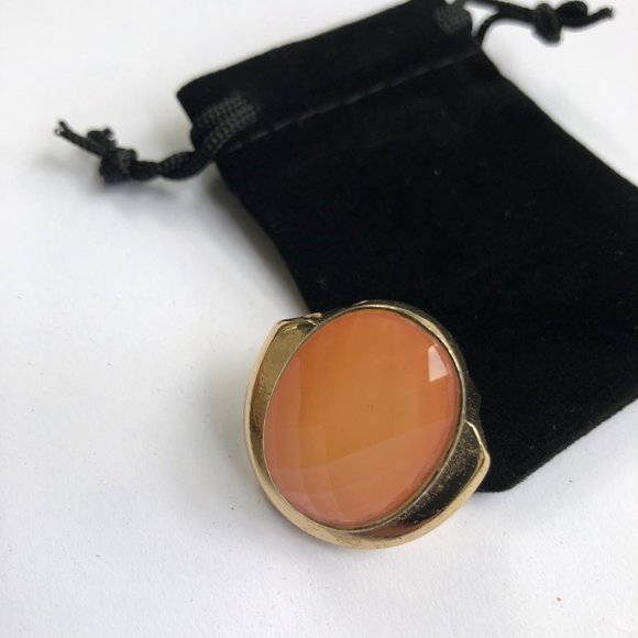 Statement Ring Tangerine Acrylic Oval Stone Ornate Gold Tone Ring - Picture 1 of 8
